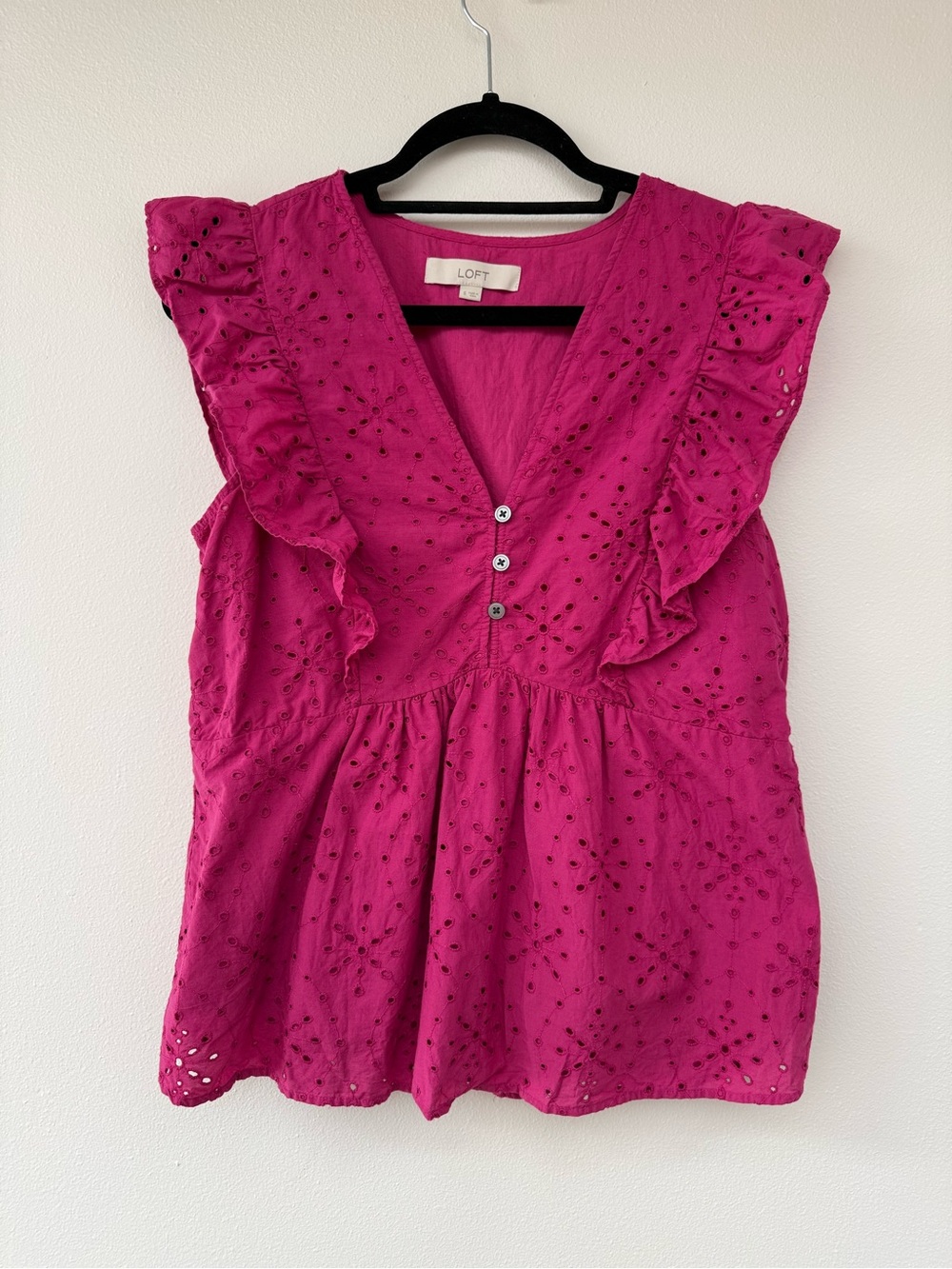 LOFT Pink Eyelet Ruffle V-Neck Blouse